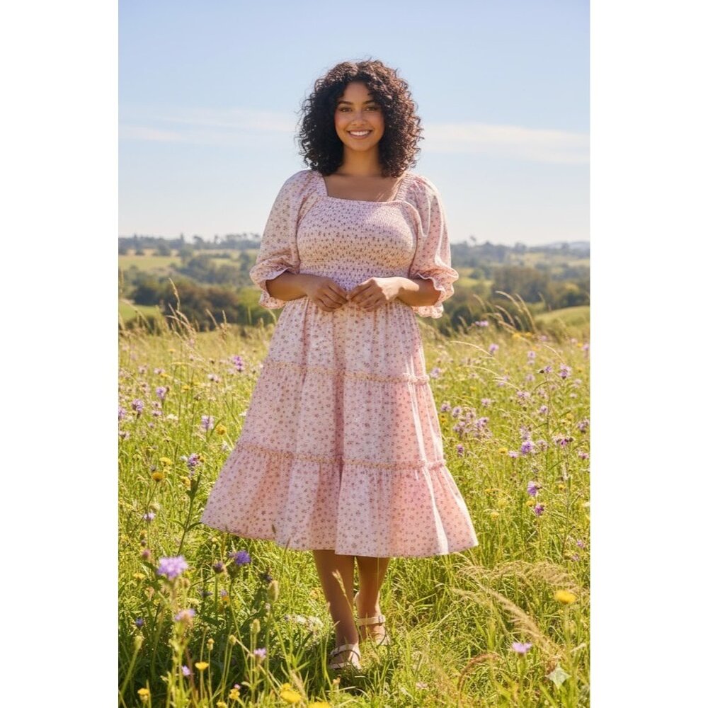 NWT Ivy City Co. Madeline Midi in Pink Floral Smocked Cotton Dress L - Picture 2 of 5
